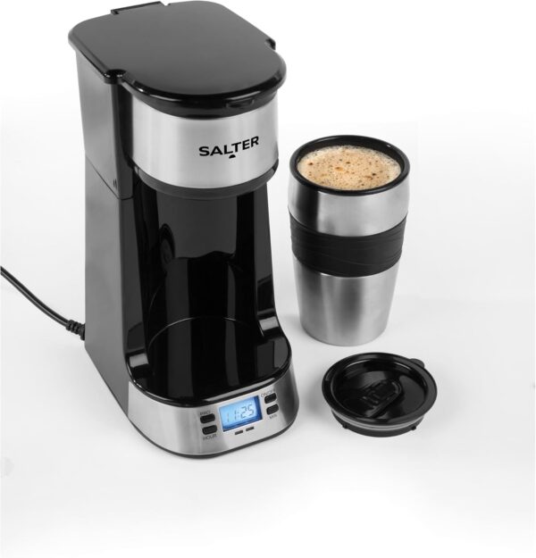 Salter Digital Coffee Maker – One Cup Filter Coffee Machine, Washable & Reusable Filter, Includes 420ml Stainless Steel Travel Mug, 3-4 Minutes Brewing, Suitable For Ground Coffee / Pads, Timer, 750W - Image 11