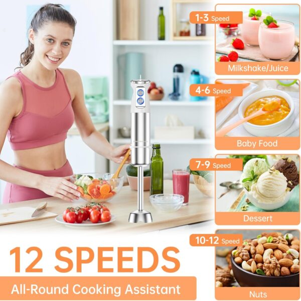 Hand Blender, 5-in-1 Stainless Steel Electric Stick Blender 1000W, 12 Speeds Adjustable, Baby Food Blender with Egg Whisk, Frother, 500ml Chopper, 600ml Measuring Cup, BPA Free Food Processor - Image 4