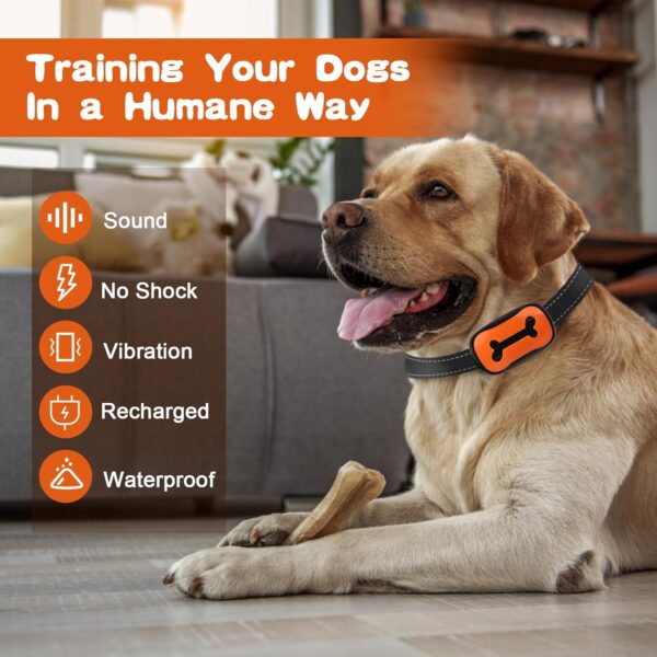 Anti Bark Collars for Dogs, Rechargeable Bark Collar with 7 Adjustable Sensitivity Levels, Smart Dog Barking Collar Humane Vibration Beep Anti Barking Device for Small Medium Large Dogs (Orange-Bone) - Image 3