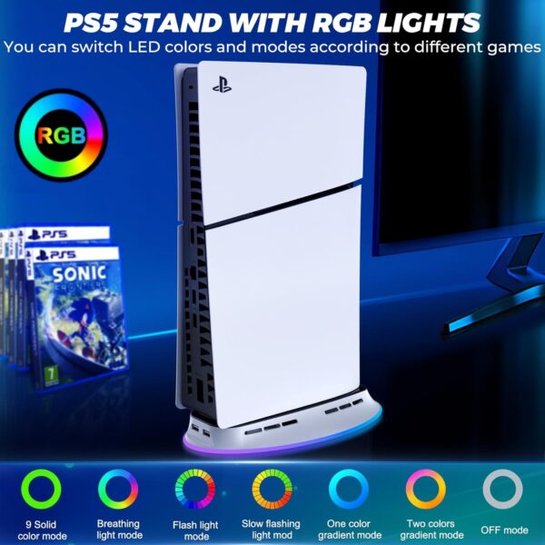 LYtech PS5 Pro/Slim Stand with Cooling Fan and RGB LED Light for Playstation 5 Disc/Digital Console, PS5 Slim Cooling Station Playstation 5 Pro Fan Cooler System Vertical Stand with 2 USB Ports - Image 4