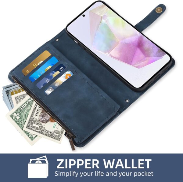 Asuwish Phone Case for Samsung Galaxy A35 5G Wallet Cover With Screen Protector and Crossbody Wrist Strap Leather Flip Pattern Zipper Credit Card Holder Stand Cell SM-A356E A356B A356U Women Men Blue - Image 5