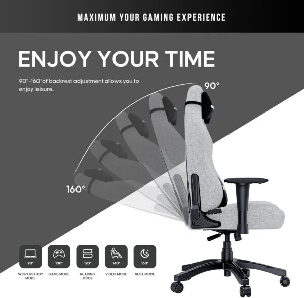 Anda Seat Luna Large Fabric Gaming Chair for Adults - Ergonomic Reclining Video Game Chairs, Computer Home Fabric Office Chair, Heavy Duty Neck & Back Lumbar Support - Grey Folding Recliner Seat - Image 6