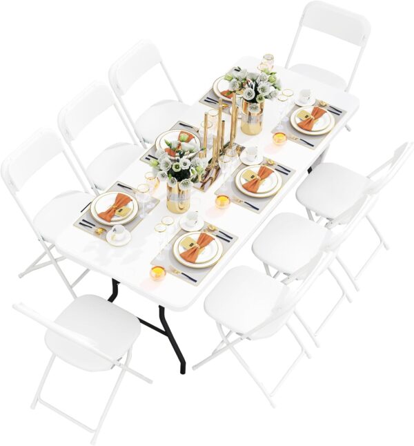 6 FT White Picnic Folding Table Set with 8 White Chairs, Portable Patio Dining Sets for Backyard, Commercial Use, Outdoor Event, Party, Camping - Image 2
