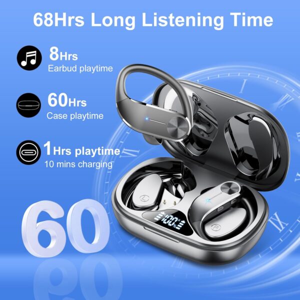Wireless Earbuds, Wireless Headphones with ENC Mic, 68H Bluetooth 5.3 Headphones Dual LED Display, 2025 New Noise Cancelling Earbud, Sport Earphones with EarHooks, IP8 Waterproof Ear Buds, USB-C - Image 3