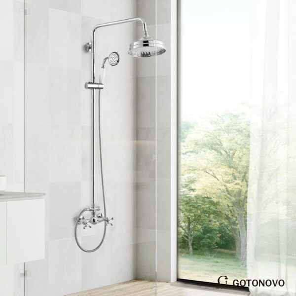 gotonovo Luxury Exposed Shower Faucet Set Bathroom Shower System 8 Inch Wall Mount Rainfall Shower Head with Handheld Spray Cross Double Handle Shower Fixture Adjustable Straight Rod Polish Chrome - Image 9