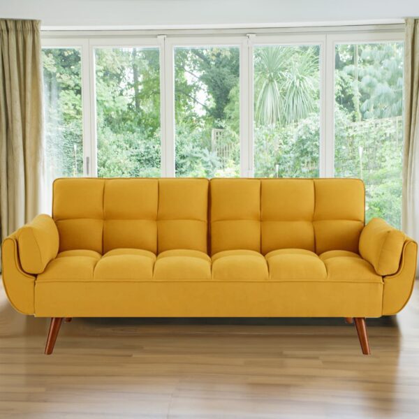 Fangflower Bed Yellow Velvet Sofa, Adjustable Backrest Convertible Sleeper Futon Loveseat with Tapered Wood Legs for Living Room, Bedroom, Apartment Lounge, Garage - Image 2