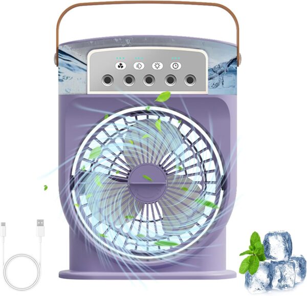 Portable Air Conditioner Fan 600ML, 4 in 1 Personal Mini Cooling Fan with Water Mist Spray, Quiet Air cooler Fan With 1/2/3 H Timer 3 Speeds, 7 Colors LED Night Lights, Personal Evaporative Coolers - Image 2