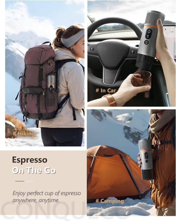 CONQUECO Portable Espresso Machine Travel: 12v Car Coffee Maker with Battery for Camping - Small Electric - 2.5 Mins Heating - Set With Ground Coffee & NS Capsule & Handbag for RV, Hiking, Office - Image 7