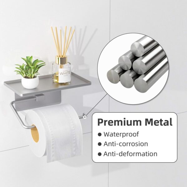 Niffgaff Toilet Tissue Holder with Shelf, Toilet Paper Roll Holder, Wall Mounted or Self Adhesive, Silver - Image 3