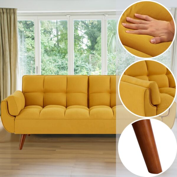 Fangflower Bed Yellow Velvet Sofa, Adjustable Backrest Convertible Sleeper Futon Loveseat with Tapered Wood Legs for Living Room, Bedroom, Apartment Lounge, Garage - Image 8
