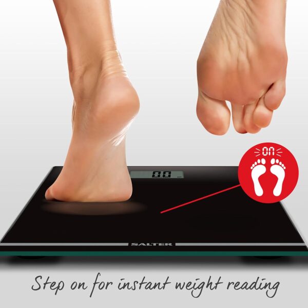 Salter 9205 BK3R Digital Bathroom Scale – Large Display Electronic Weighing Scales For Body Weight, Toughened Glass Platform, Lightweight, Instant Readings, Carpet Feet & Batteries Included, Black - Image 6