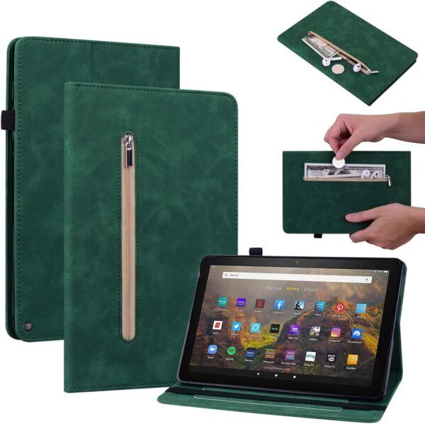 LMFULM® Case for Amazon Fire HD 8 / HD 8 Plus 2020 10th Gen (8.0 Inch) PU Leather Protective Shell Wallet Case with Sleep/Wake Stand Case Flip Cover Holster Zipper Design Green - Image 3