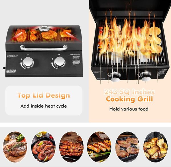 Portable Gas Grill, Small Foldable Tabletop Propane BBQ Griddle w/Grease Tray, Thermometer, 20,000 BTU / 243 Sq.in Cooking Area, 2 Burner Gas Grill for Outdoor Camping, Tailgating, Picnic - Image 4