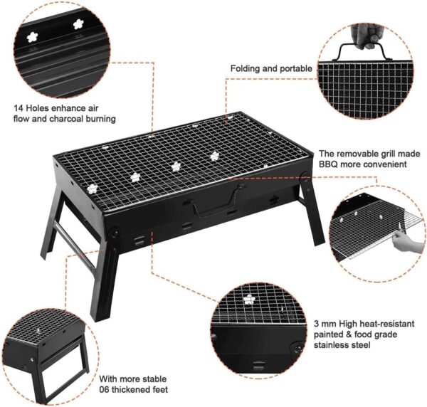Barbecue Grill Portable grill Barbecue Table easy-to-use Foldable Charcoal Grill With handle, Stainless Steel Smoker Picnic for Outdoor Garden Terrace Camping Travel Hiking (black,16 * 16 * 3in) - Image 5