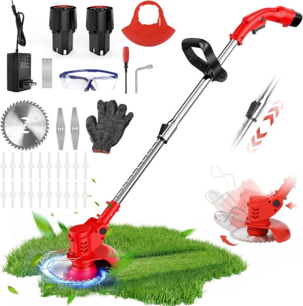 Cordless Strimmer, 3 in 1 Electric Garden Strimmer with 23 Blades, 125cm Adjustable Lightweight Brushless Grass Trimmer with 2 Battery, Metal Blade Strimmer for Lawn Care Shrub Trimming - Image 2