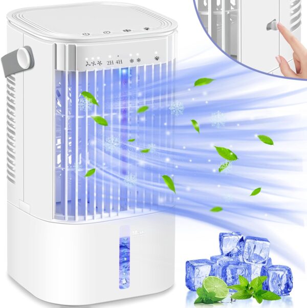Portable Air Cooler 4-In-1 Mini Mobile Air Conditioner Fan,Air Cooling Fan and Humidifier with 3 Fan Speeds,Personal Evaporative Coolers,Timer&7 Colors LED light,Air Conditioning for Office Desk-White - Image 2