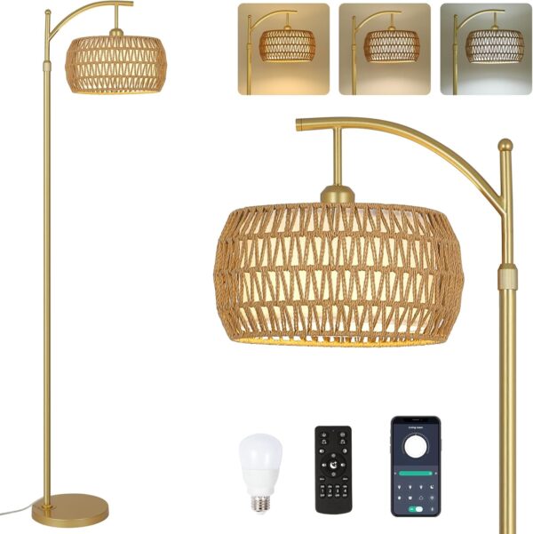 Rayofly Rattan Floor Lamp with Remote Control, Gold Floor Lamp with Dimmable LED Bulb & Foot Switch, Boho Standing Lamp with Double Shades, Modern Floor Lamp for Living Room, Tall Lamp for Bedroom - Image 2