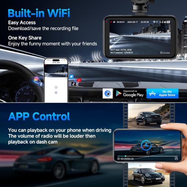 Dash Cam Front and Rear, 4K Dash Cam with 64GB Card, 5G WiFi Dual Car Camera for Cars, 3" IPS Dashcam with APP Control, USB Charger, 24H Parking Mode, G-Sensor, Night Vision, WDR, 170° Wide Angle - Image 3