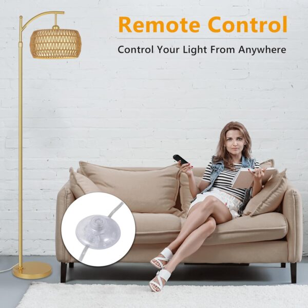 Rayofly Rattan Floor Lamp with Remote Control, Gold Floor Lamp with Dimmable LED Bulb & Foot Switch, Boho Standing Lamp with Double Shades, Modern Floor Lamp for Living Room, Tall Lamp for Bedroom - Image 5