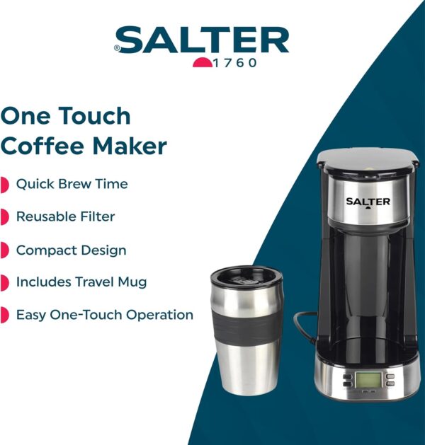 Salter Digital Coffee Maker – One Cup Filter Coffee Machine, Washable & Reusable Filter, Includes 420ml Stainless Steel Travel Mug, 3-4 Minutes Brewing, Suitable For Ground Coffee / Pads, Timer, 750W - Image 3