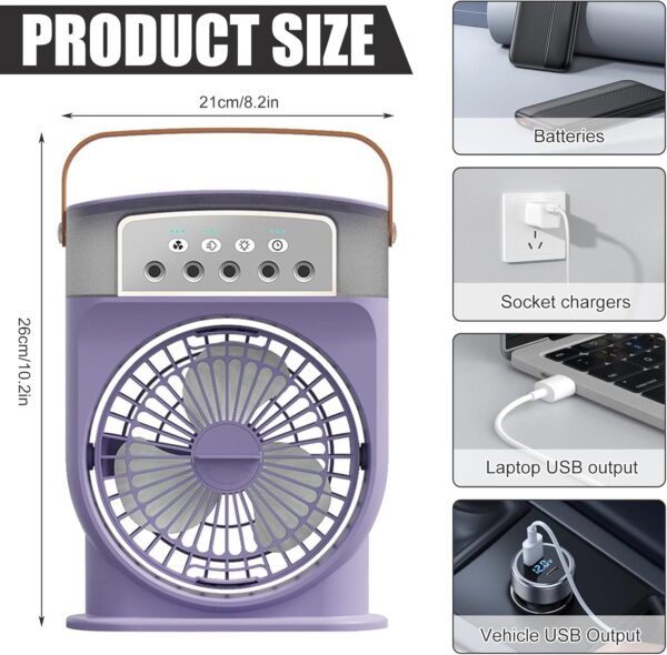 Portable Air Conditioner Fan 600ML, 4 in 1 Personal Mini Cooling Fan with Water Mist Spray, Quiet Air cooler Fan With 1/2/3 H Timer 3 Speeds, 7 Colors LED Night Lights, Personal Evaporative Coolers - Image 3
