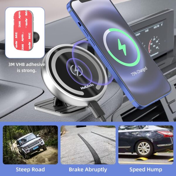 MAGJIEYX for Magnetic Magsafe Car Charger Mount, Wireless 15W Fast Charging Phone Holder Compatible with iPhone 15,14 Pro Max,13,Plus 12, Mini,MagSafe Case,Stick On Dashboard and Air Vent (Silver) - Image 6