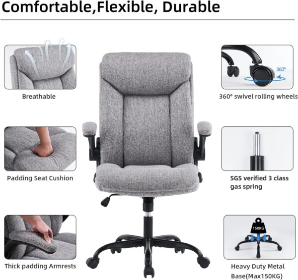 MZLEE Executive Office Chair, Ergonomic Computer Desk Chair Swivel Work Chair with Flip-up Armrest, Adjustable Height, Comfortable for Office Home Gaming(Grey Fabric) - Image 6
