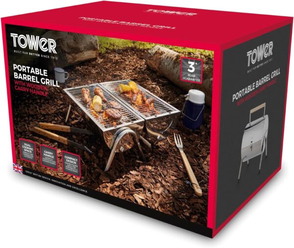 Tower T978574 Portable Barrel Grill with Wooden Carry Handle, Compact Design, Safety Locking Mechanism, Stainless Steel - Image 11