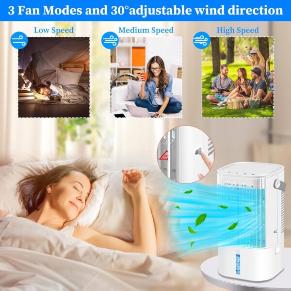 Portable Air Cooler 4-In-1 Mini Mobile Air Conditioner Fan,Air Cooling Fan and Humidifier with 3 Fan Speeds,Personal Evaporative Coolers,Timer&7 Colors LED light,Air Conditioning for Office Desk-White - Image 5