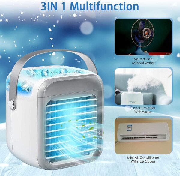 Portable Air Cooler, Personal Mini Air Conditioner, 3 in 1 Mini Evaporative Conditioner with Handle / 7 LED Light/Humidifier/Purifier/ 3 Speeds Desktop Cooling Fan for Home, Office and Bedroom - Image 3