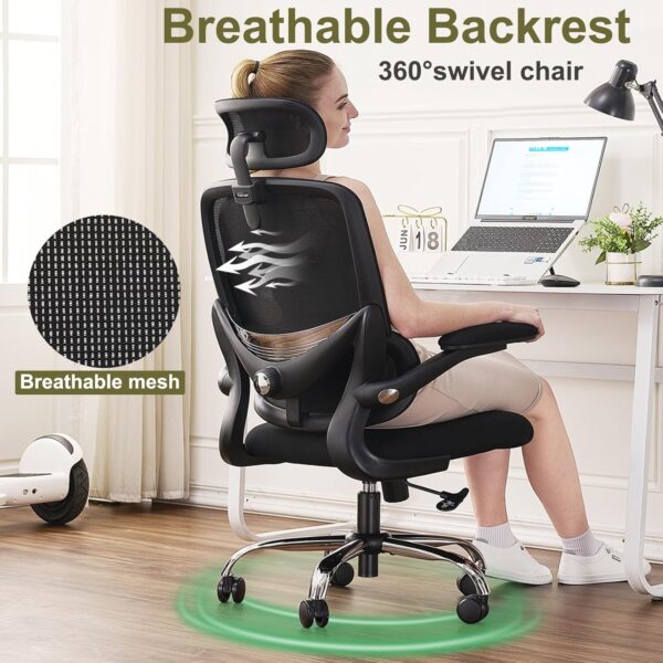 TONFARY Ergonomic Office Chair - High Back Mesh Design with Adjustable Lumbar Support, Flip-Up Armrests, Removable Headrest & 360° Swivel - Space-Saving for Home, Work, or Gaming - Black - Image 5
