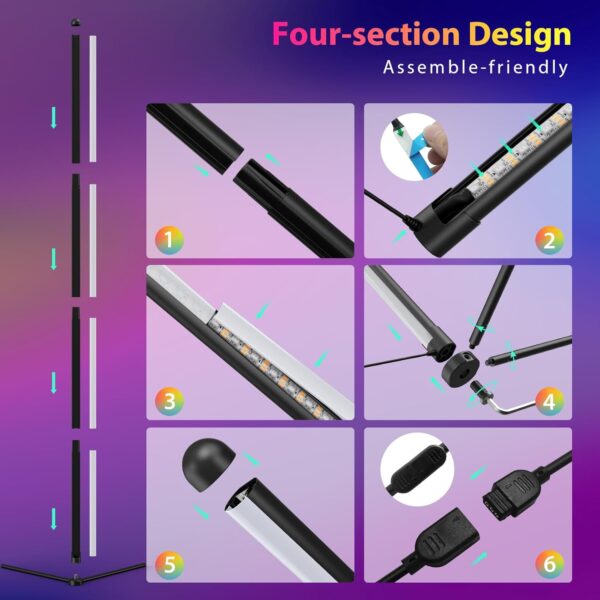 RAMSWIN LED Corner Floor Lamp RGB Corner Light 61.5'' Modern Standing Lamp with APP/Remote/Music Sync/16 Million Colour Changing/Dimmable Smart Floor Light for Bedroom Living Room - Image 9
