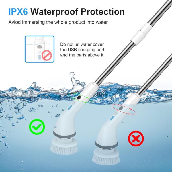 Electric Spin Scrubber, Wesstun IPX6 Waterproof Electric Cleaning Brush, Cordless Electric Scrubber with 2 Speeds Modes & Extendable Handle, 7 in 1 Brush Heads for Bathroom, Kitchen & Floors (White) - Image 6
