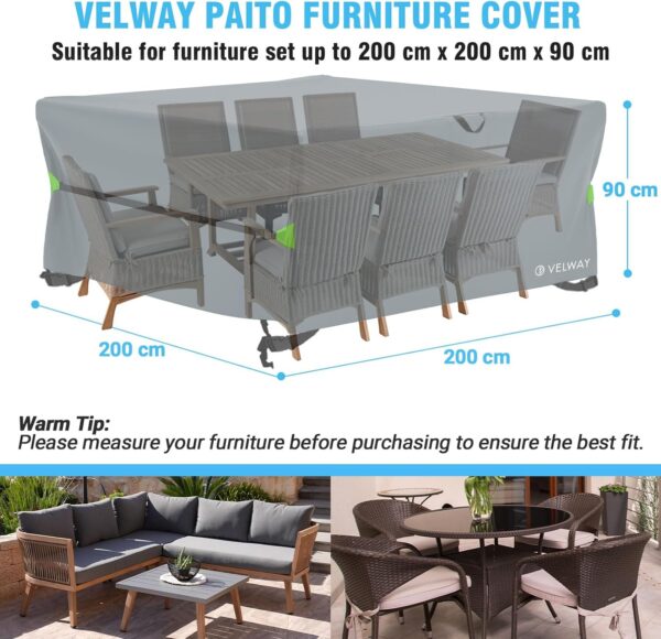 Velway Rattan Garden Furniture Covers: Waterproof 200x200x71cm Square Outdoor Table Cover with Air Vent Anti-UV Windproof for Patio Cube Dining Set - Grey - Image 3