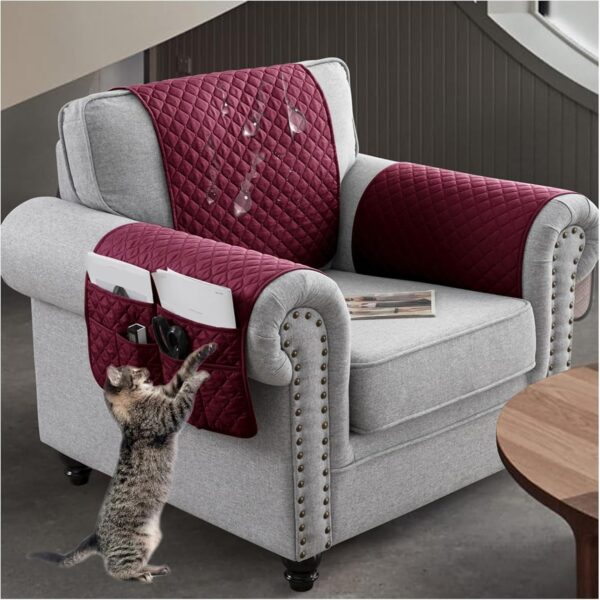 NNSMUN Sofa Armrest Cover 3/4/5Pcs, Waterproof and Nonslip Armchair Covers for Arms Headrest, Sofa Slipcover with Side Pocket, Quilted Protector for Pets Leather Couch (Wine Red,1 Seater(3pcs)) - Image 2
