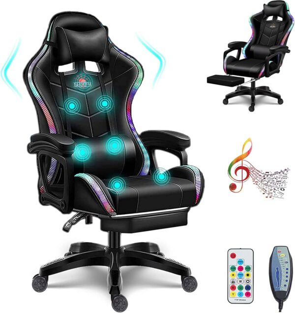 Bluetooth Gaming Chair - Ergonomic Video Chair with Speakers, LED Light, Footrest, Headrest, and Lumbar Pillow for Office and Gaming Comfort - Image 2