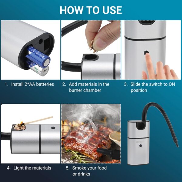 BORUiT Smoking Gun BBQ Cold Food Smoker, Portable Smoke Infuser Cheeses Salmon Sausage Meat Cocktail Smoker Handheld Portable BBQ Smoker with Wood Chips - Image 5