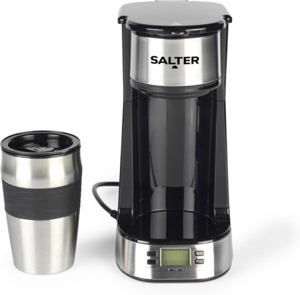Salter Digital Coffee Maker – One Cup Filter Coffee Machine, Washable & Reusable Filter, Includes 420ml Stainless Steel Travel Mug, 3-4 Minutes Brewing, Suitable For Ground Coffee / Pads, Timer, 750W - Image 2