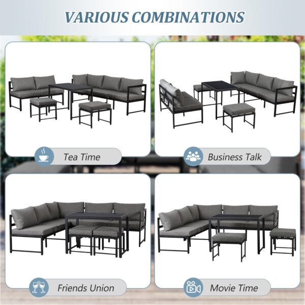 Patio Set for 6-7 People - Outdoor Corner Sofa with Adjustable Backrest, 5-Piece Garden Furniture Set, Glass Coffee Table, Cushions, 2 Sofa Stools, Grey - Image 5
