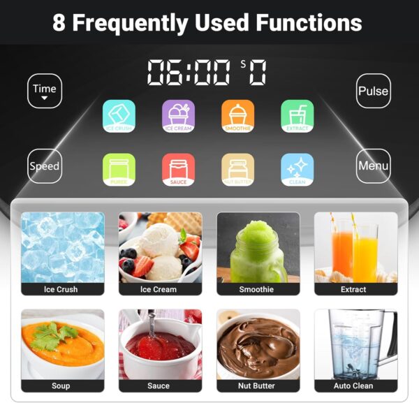 AMZCHEF 8-IN-1 Professional Smoothie Blenders for Kitchen with Innovative LED Panel, 2000W Blender Smoothie Maker with 8 Menu and 10 Speed, 2L Blenders for Smoothies, Ice Cream & More, Black - Image 6