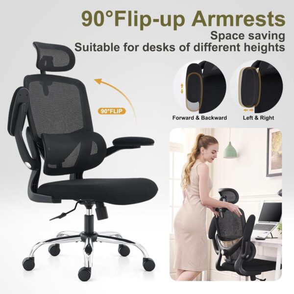 TONFARY Ergonomic Office Chair - High Back Mesh Design with Adjustable Lumbar Support, Flip-Up Armrests, Removable Headrest & 360° Swivel - Space-Saving for Home, Work, or Gaming - Black - Image 9