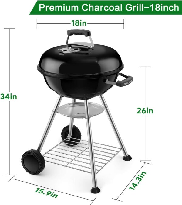BEAU JARDIN Premium 18.1 Inch Charcoal Grill for Outdoor Cooking Barbecue Camping BBQ Coal Kettle Grill Tailgating Portable Heavy Duty Round with Thickened Grilling Bowl with Wheels BG231 - Image 3