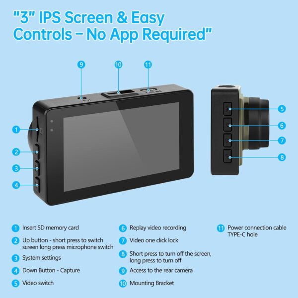 Dash Cam Front and Rear 4K 1440P, WiFi Dash Camera for Cars, Car Camera Dash with 3" IPS Screen,64GB SD Card, Parking Monitor, Night Vision, 160° Wide Angle, WDR, Loop Recording, App Control, G-Sensor - Image 4