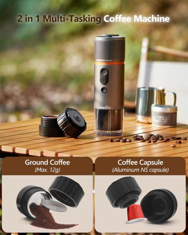 CONQUECO Portable Espresso Machine Travel: 12v Car Coffee Maker with Battery for Camping - Small Electric - 2.5 Mins Heating - Set With Ground Coffee & NS Capsule & Handbag for RV, Hiking, Office - Image 6