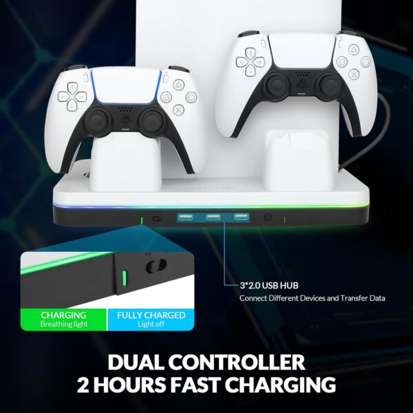 reiie PS5 Slim Cooling Stand with Dual Controller Charging Station, Multi-functional PS5 Slim Stand with RGB Light&Headphone Hook&2-Level Silent Fan for PS 5 Slim Digital/Disc - Image 6