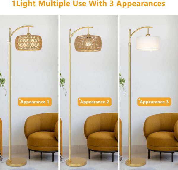 Rayofly Rattan Floor Lamp with Remote Control, Gold Floor Lamp with Dimmable LED Bulb & Foot Switch, Boho Standing Lamp with Double Shades, Modern Floor Lamp for Living Room, Tall Lamp for Bedroom - Image 7