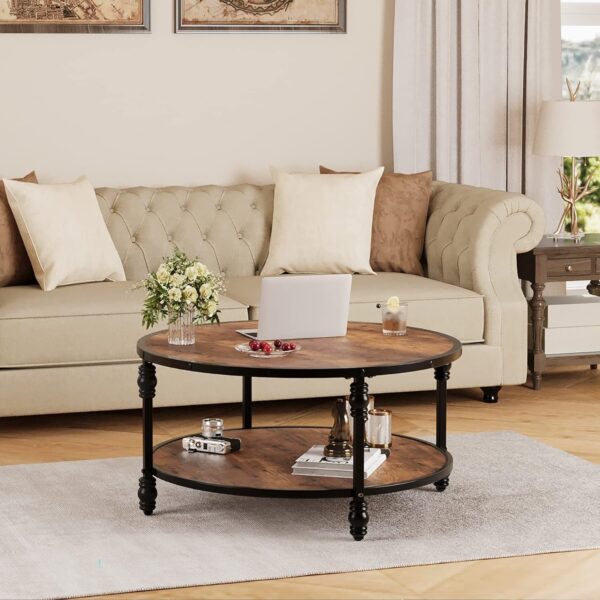 IDEALHOUSE Round Coffee Table for Living Room Rustic Center Table with Storage Shelf Wood Circle Coffee Table with Sturdy Metal Frame, Easy Assembly(Brown) - Image 4