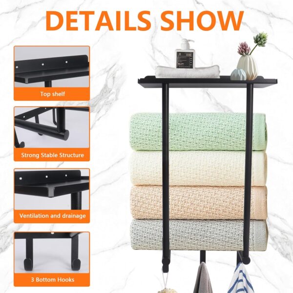 Gzsekken Wall Mounted Towel Rack,Towel Holder Towel Storage with Metal Shelf & 3 Hooks,Steel Towel Rack for Bathroom Wall, Can Hold 3 Large Size Rolled Towel Holder Organizer, Black - Image 4