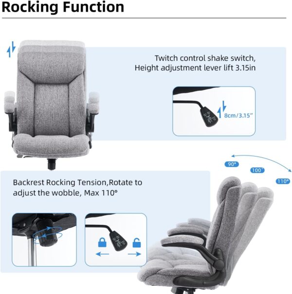 MZLEE Executive Office Chair, Ergonomic Computer Desk Chair Swivel Work Chair with Flip-up Armrest, Adjustable Height, Comfortable for Office Home Gaming(Grey Fabric) - Image 7