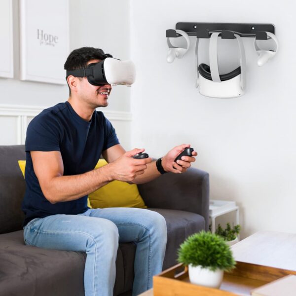 HomeMount VR Wall Mount for Oculus Quest 2/Rift, Valve Index, HTC Vive, PSVR - Space-Saving Headset & Controller Hanger with Rounded Corners (Black) - Image 6